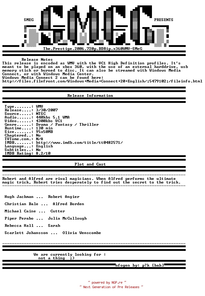 NFO for the release The.Prestige.2006.720p.BDRip.x360WMV-SMeG by SMeG
