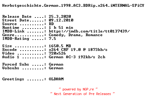 NFO for the release Herbstgeschichte.German.1998.AC3.BDRip.x264.iNTERNAL-SPiCY by SPiCY