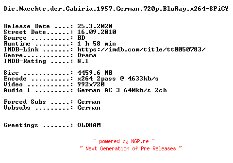 NFO for the release Die.Naechte.der.Cabiria.1957.German.720p.BluRay.x264-SPiCY by SPiCY