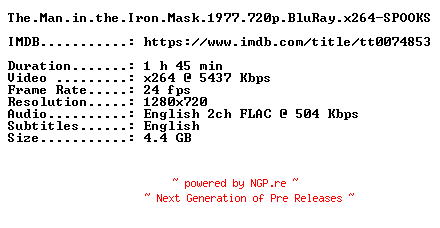 NFO for the release The.Man.in.the.Iron.Mask.1977.720p.BluRay.x264-SPOOKS by SPOOKS