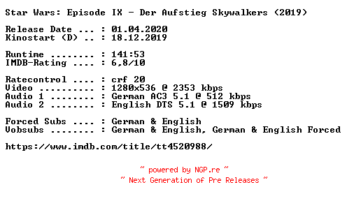 NFO for the release Star.Wars.Episode.IX.Der.Aufstieg.Skywalkers.2019.German.DL.720p.BluRay.x264-COiNCiDENCE by COiNCiDENCE