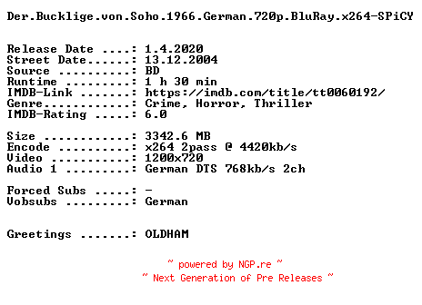 NFO for the release Der.Bucklige.von.Soho.1966.German.720p.BluRay.x264-SPiCY by SPiCY