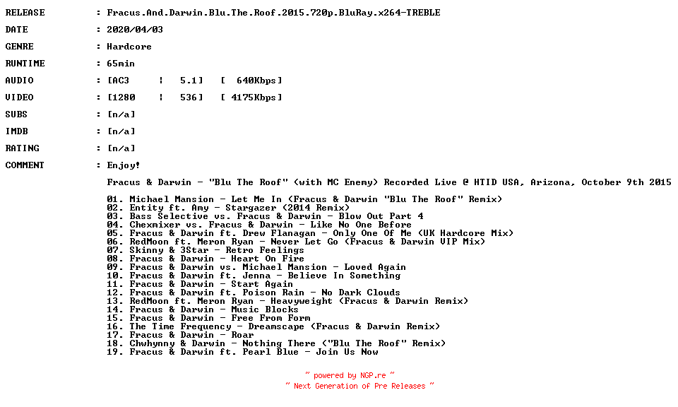 NFO for the release Fracus.And.Darwin.Blu.The.Roof.2015.720p.BluRay.x264-TREBLE by TREBLE