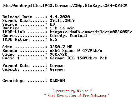 NFO for the release Die.Wunderpille.1943.German.720p.BluRay.x264-SPiCY by SPiCY