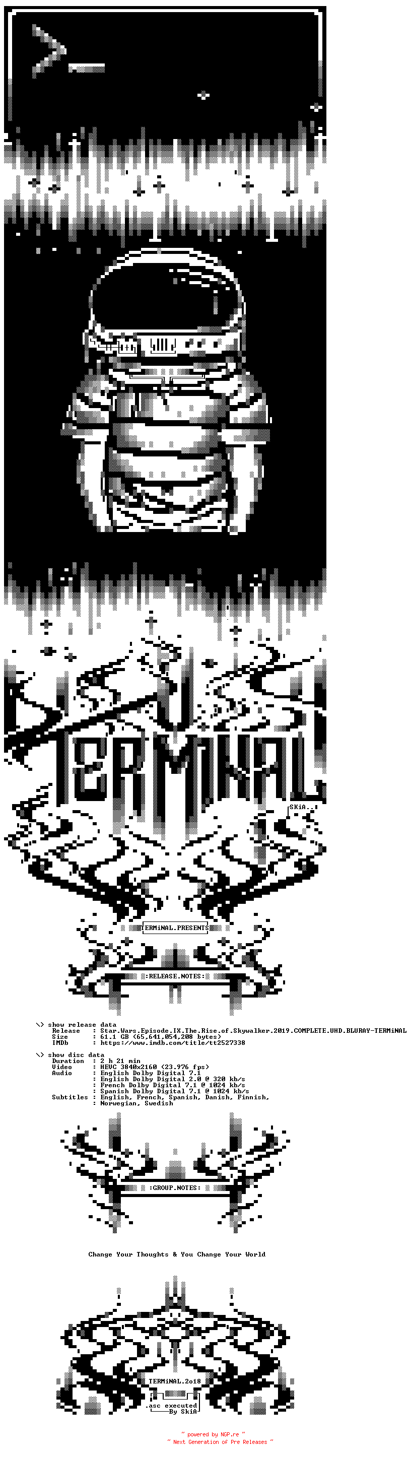 NFO for the release Star.Wars.Episode.IX.The.Rise.of.Skywalker.2019.COMPLETE.UHD.BLURAY-TERMiNAL by TERMiNAL