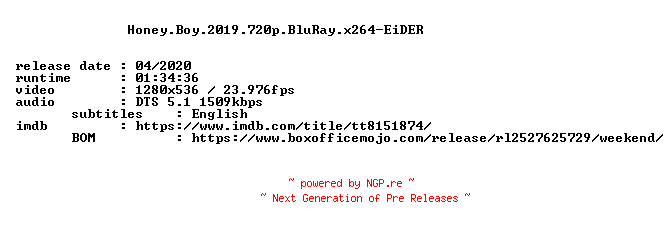 NFO for the release Honey.Boy.2019.720p.BluRay.x264-EiDER by EiDER