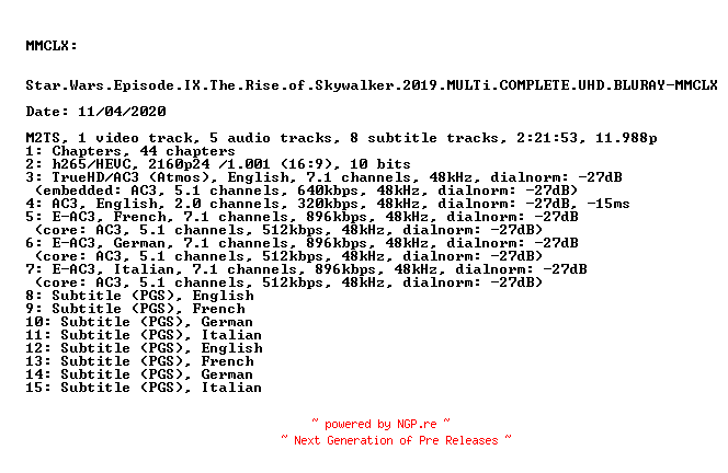 NFO for the release Star.Wars.Episode.IX.The.Rise.of.Skywalker.2019.MULTi.COMPLETE.UHD.BLURAY-MMCLX by MMCLX