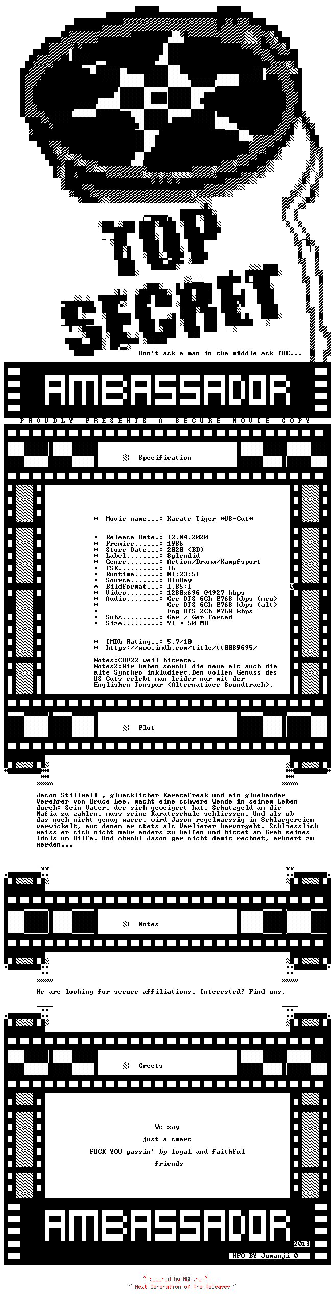 NFO for the release Karate.Tiger.US.CUT.GERMAN.1986.DL.720p.BluRay.x264-AMBASSADOR by AMBASSADOR