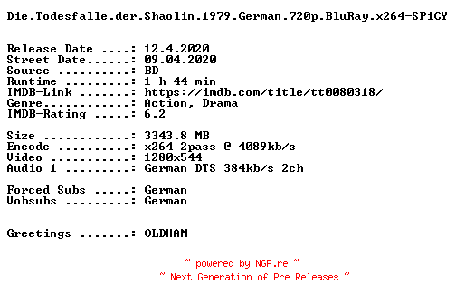 NFO for the release Die.Todesfalle.der.Shaolin.1979.German.720p.BluRay.x264-SPiCY by SPiCY