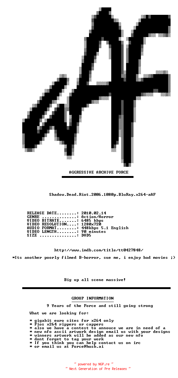 NFO for the release Shadow.Dead.Riot.2006.720p.BluRay.x264-aAF by aAF