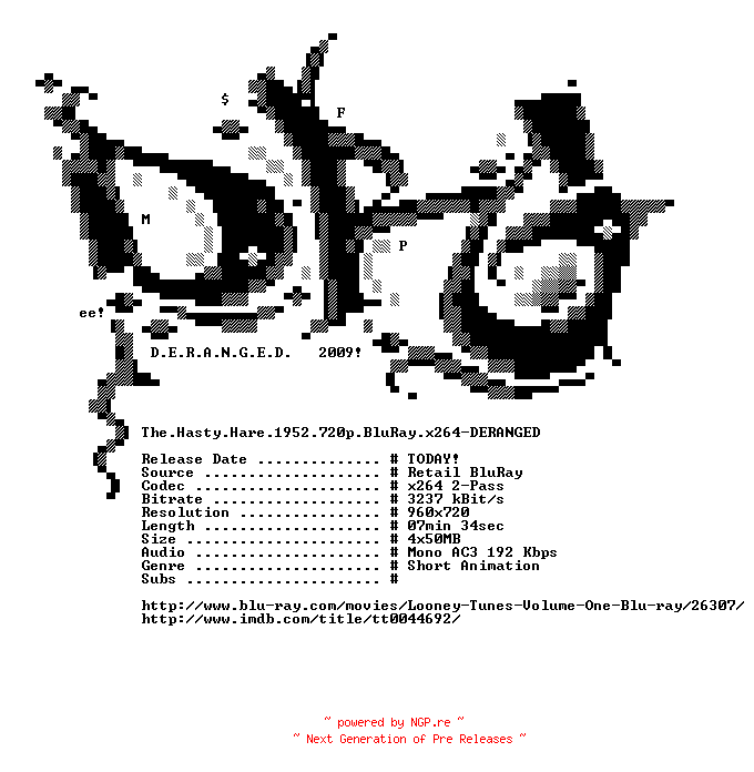NFO for the release The.Hasty.Hare.1952.720p.BluRay.x264-DERANGED by DERANGED