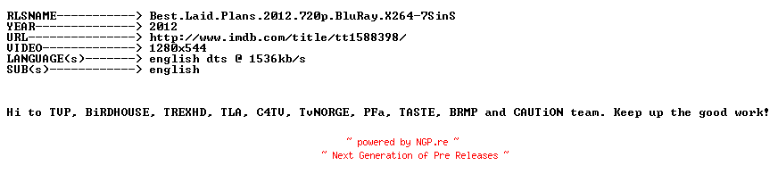 NFO for the release Best.Laid.Plans.2012.720p.BluRay.X264-7SinS by 7SinS