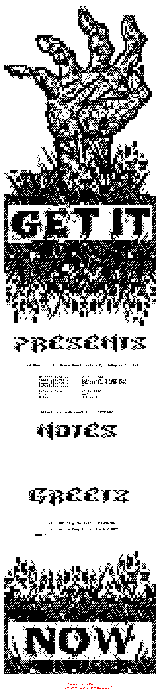 NFO for the release Red.Shoes.And.The.Seven.Dwarfs.2019.720p.BluRay.x264-GETiT by GETiT