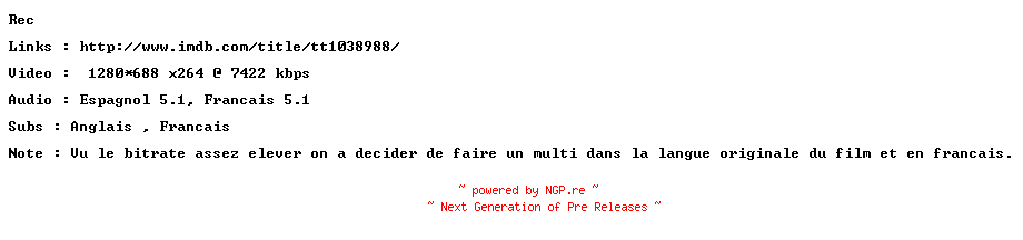 NFO for the release REC.2007.720p.MULTi.BluRay.x264-ForceBleue by ForceBleue