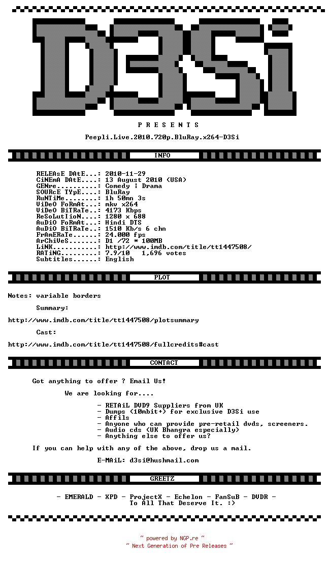 NFO for the release Peepli.Live.2010.720p.BluRay.x264-D3Si by D3Si
