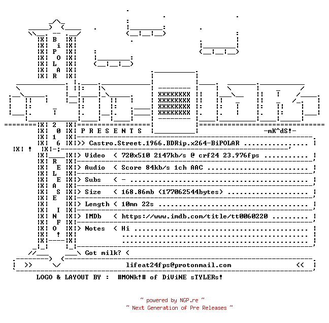 NFO for the release Castro.Street.1966.BDRip.x264-BiPOLAR by BiPOLAR