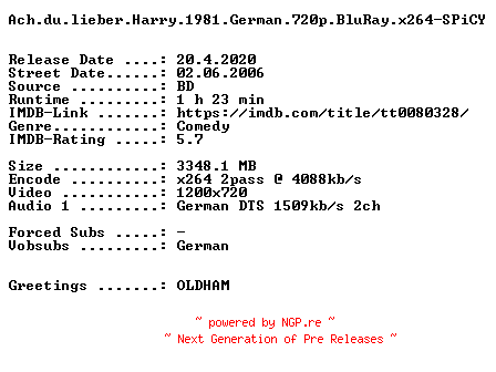 NFO for the release Ach.du.lieber.Harry.1981.German.720p.BluRay.x264-SPiCY by SPiCY