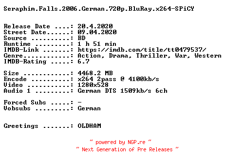 NFO for the release Seraphim.Falls.2006.German.720p.BluRay.x264-SPiCY by SPiCY