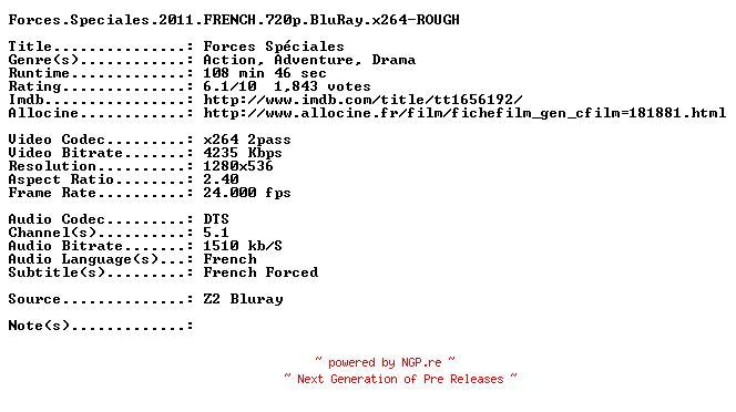 NFO for the release Forces.Speciales.2011.FRENCH.720p.BluRay.x264-ROUGH by ROUGH