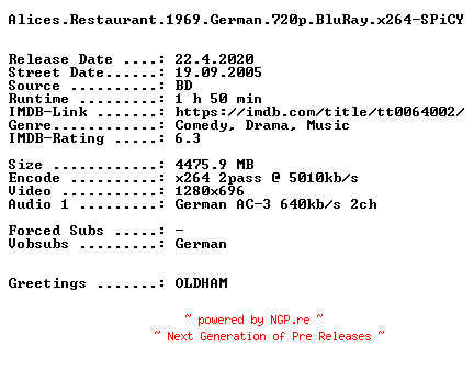 NFO for the release Alices.Restaurant.1969.German.720p.BluRay.x264-SPiCY by SPiCY