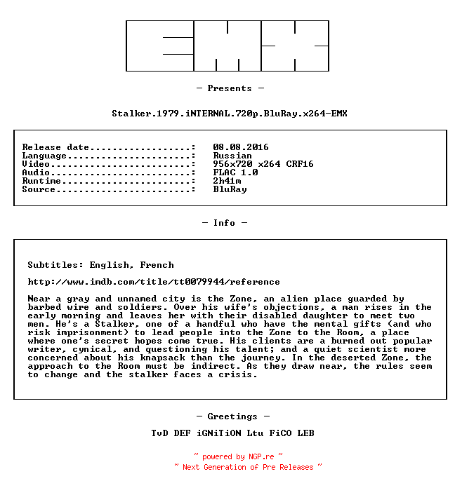 NFO for the release Stalker.1979.iNTERNAL.720p.BluRay.x264-EMX by EMX