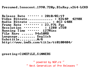 NFO for the release Presumed.Innocent.1990.720p.BluRay.x264-LCHD by LCHD