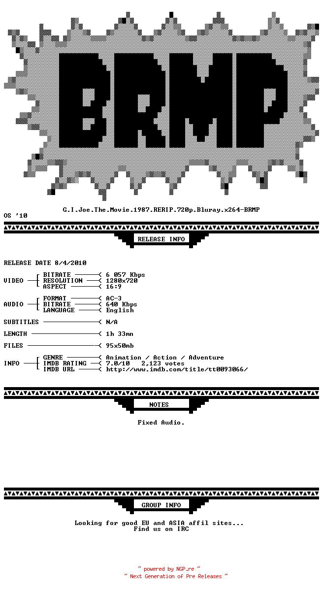 NFO for the release G.I.Joe.The.Movie.1987.RERIP.720p.BluRay.x264-BRMP by BRMP