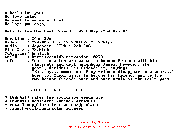 NFO for the release One.Week.Friends.E07.BDRip.x264-HAiKU by HAiKU