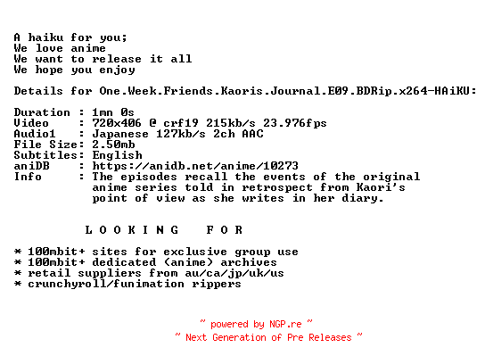 NFO for the release One.Week.Friends.Kaoris.Journal.E09.BDRip.x264-HAiKU by HAiKU