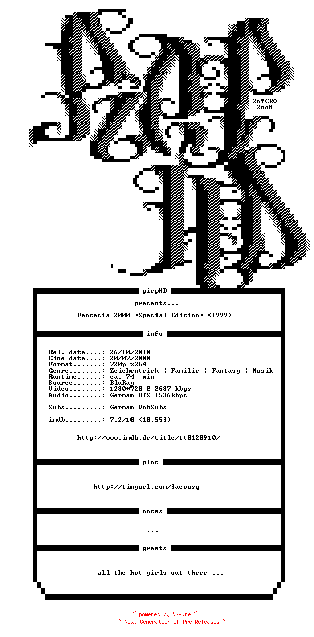 NFO for the release Fantasia.2000.German.1999.720p.BluRay.x264-piepHD by piepHD