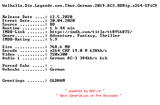 NFO for the release Walhalla.Die.Legende.von.Thor.German.2019.AC3.BDRip.x264-SPiCY by SPiCY