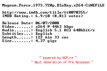 NFO for the release Magnum.Force.1973.720p.BluRay.x264-CiNEFiLE by CiNEFiLE