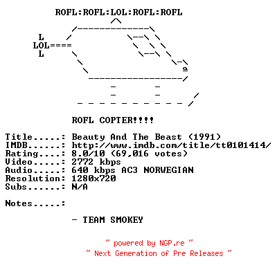 NFO for the release Beauty.And.The.Beast.1991.NORWEGIAN.720p.Bluray.x264-SMOKEY by SMOKEY