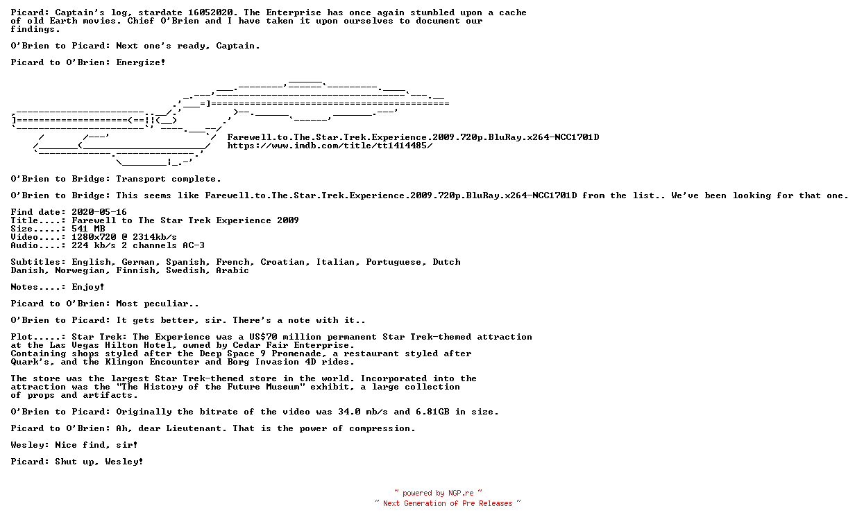 NFO for the release Farewell.to.The.Star.Trek.Experience.2009.720p.BluRay.x264-NCC1701D by NCC1701D