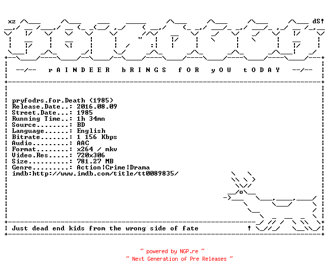 NFO for the release Pray.for.Death.1985.RATED.WS.BDRiP.x264-RAiNDEER by RAiNDEER
