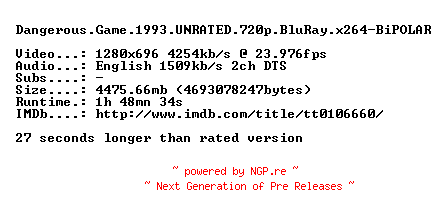 NFO for the release Dangerous.Game.1993.UNRATED.720p.BluRay.x264-BiPOLAR by BiPOLAR