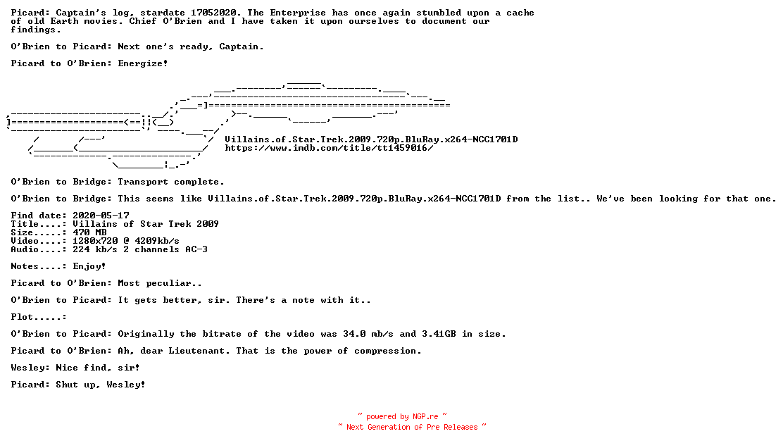 NFO for the release Villains.of.Star.Trek.2009.720p.BluRay.x264-NCC1701D by NCC1701D