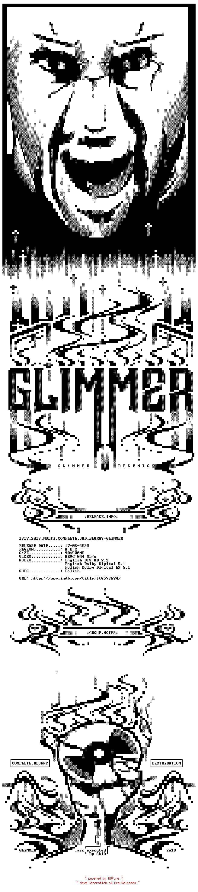 NFO for the release 1917.2019.MULTi.COMPLETE.UHD.BLURAY-GLiMMER by GLiMMER