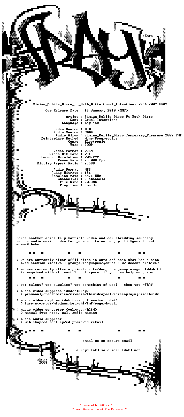 NFO for the release Simian_Mobile_Disco_Ft_Beth_Ditto-Cruel_Intentions-x264-2009-FRAY by FRAY