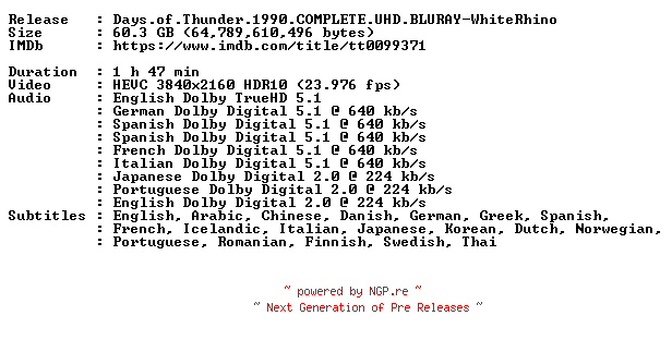 NFO for the release Days.of.Thunder.1990.COMPLETE.UHD.BLURAY-WhiteRhino by WhiteRhino