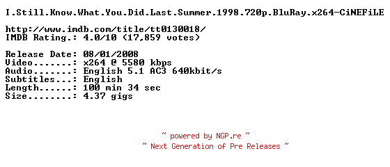 NFO for the release I.Still.Know.What.You.Did.Last.Summer.1998.720p.BluRay.x264-CiNEFiLE by CiNEFiLE