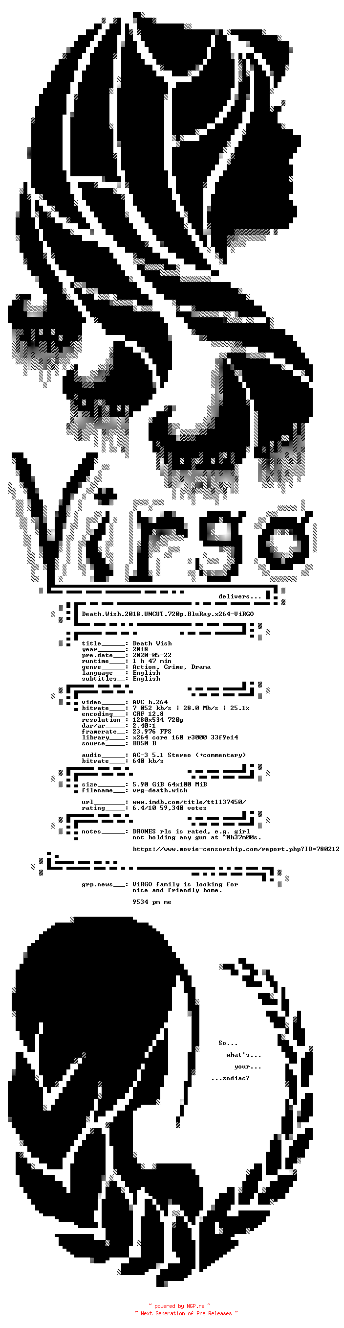 NFO for the release Death.Wish.2018.UNCUT.720p.BluRay.x264-ViRGO by ViRGO