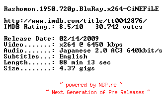 NFO for the release Rashomon.1950.720p.BluRay.x264-CiNEFiLE by CiNEFiLE