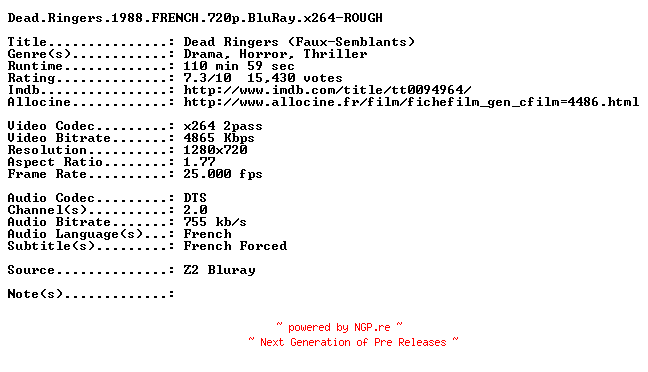 NFO for the release Dead.Ringers.1988.FRENCH.720p.BluRay.x264-ROUGH by ROUGH