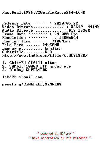 NFO for the release Raw.Deal.1986.720p.BluRay.x264-LCHD by LCHD