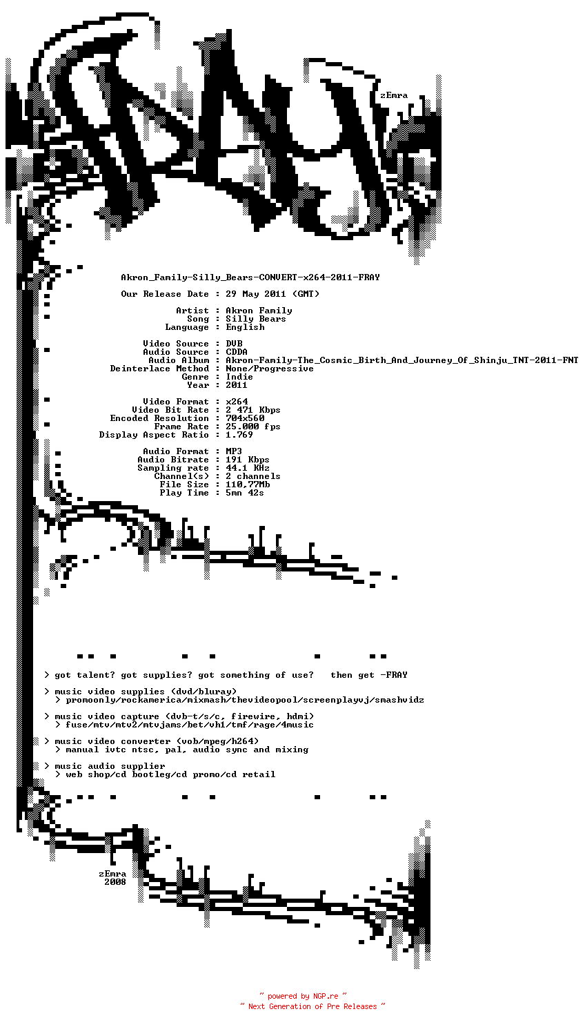NFO for the release Akron_Family-Silly_Bears-CONVERT-x264-2011-FRAY by FRAY