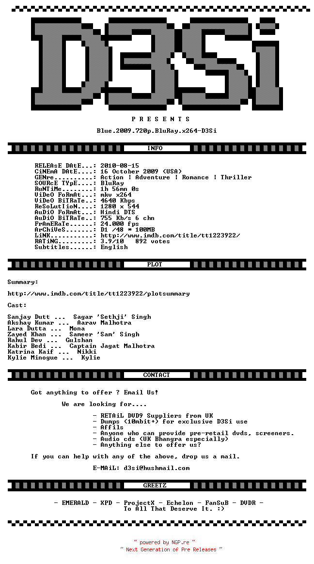 NFO for the release Blue.2009.720p.BluRay.x264-D3Si by D3Si