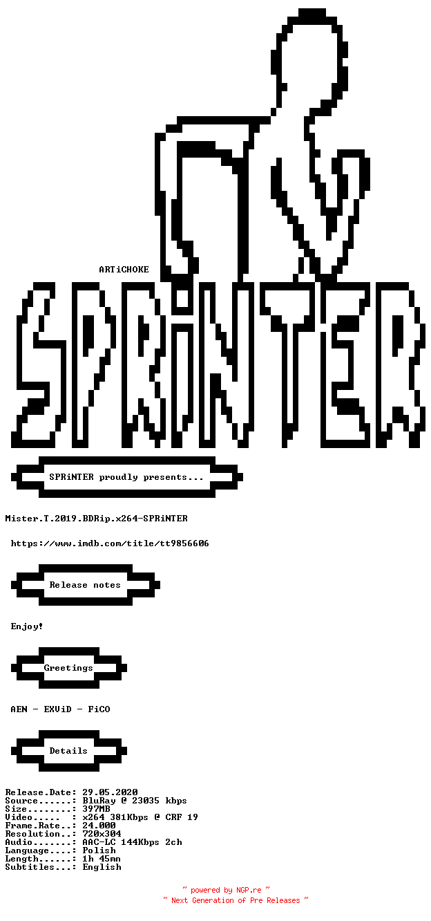 NFO for the release Mister.T.2019.BDRip.x264-SPRiNTER by SPRiNTER