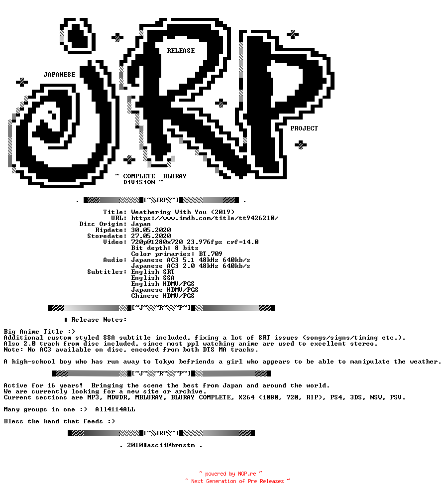 NFO for the release Weathering.With.You.2019.720p.BluRay.x264-JRP by JRP