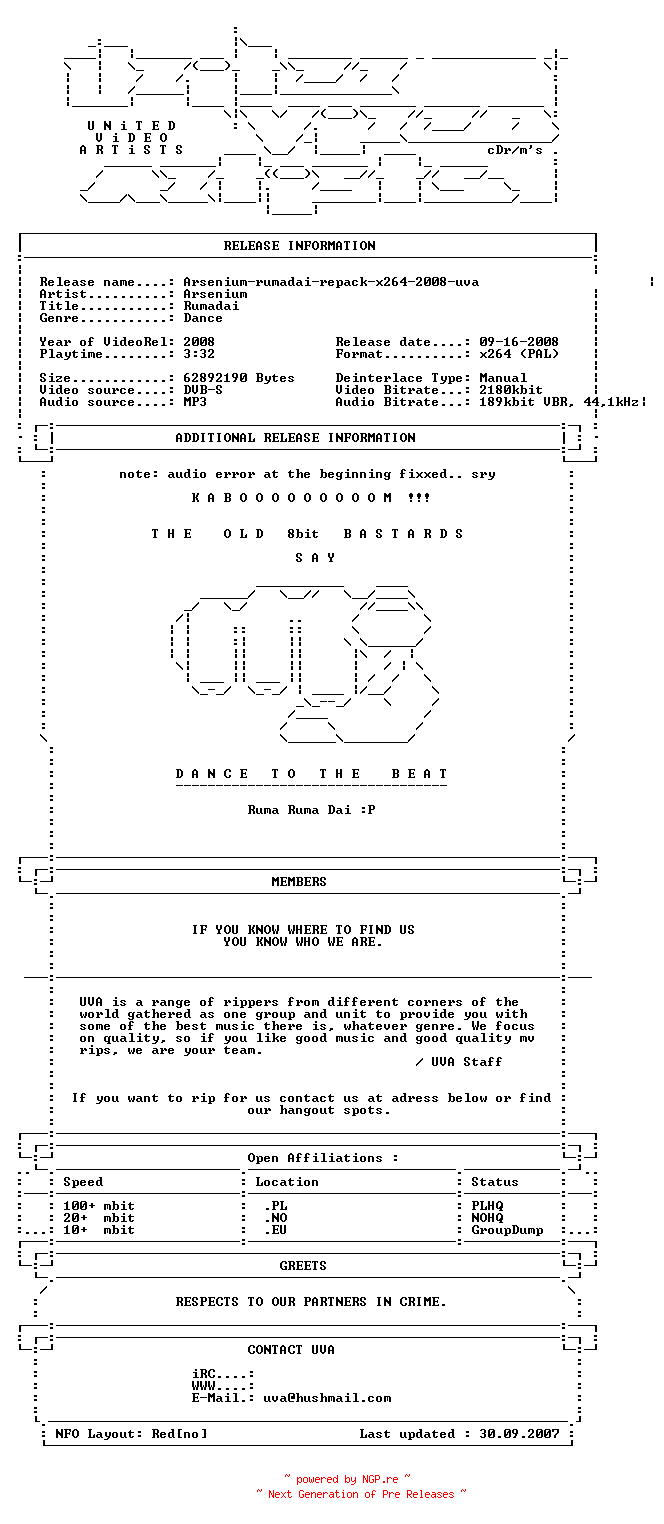 NFO for the release Arsenium-rumadai-repack-x264-2008-uva by uva